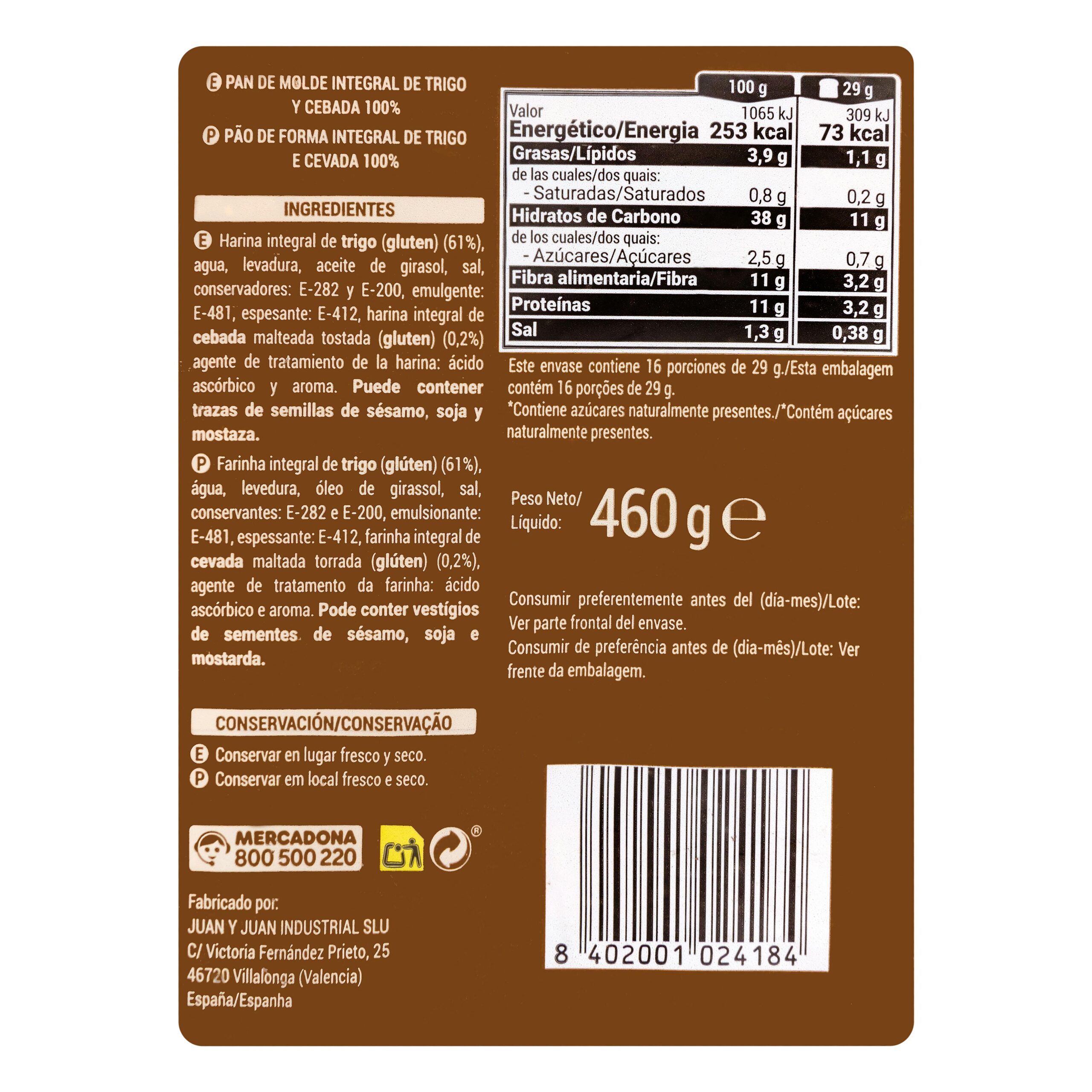 Etiqueta Pan de molde 100% integral Hacendado 0% m.g 0% azúcares añadidos